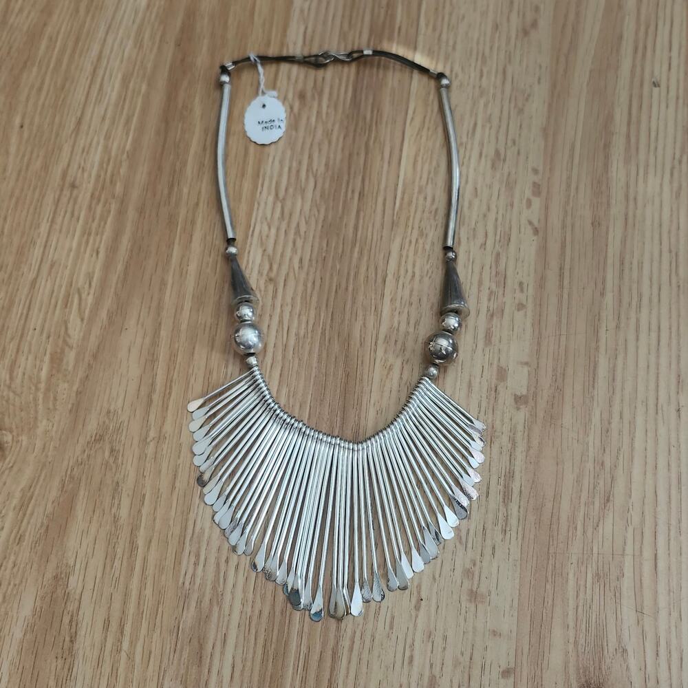 Silver Tone Tribal Fan Fringe Bib Statement Necklace Black Cord Collar Boho